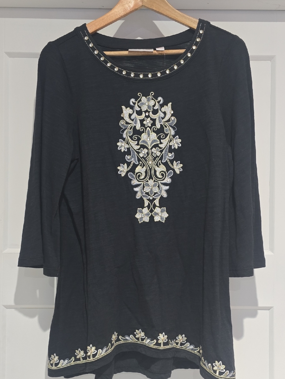 Belle by Kim Gravel Black Long Sleeve Tunic with Silver and Cream Embroidery